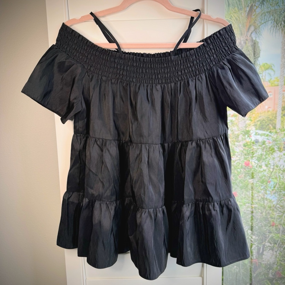 ASOS Black Taffeta tiered off-the-shoulder smocked swing top size Small